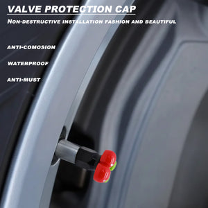 Cherry-shaped valve stem cap installed on a car wheel, highlighting waterproof and anti-corrosion protection features.