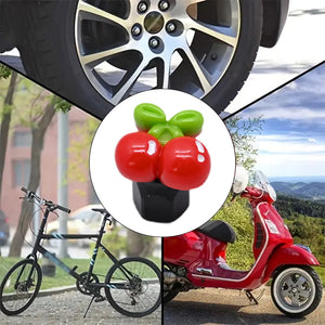 Cherry-shaped valve stem caps shown for multi-vehicle use, including cars, bicycles, and motorcycles, with a cute red fruit design.