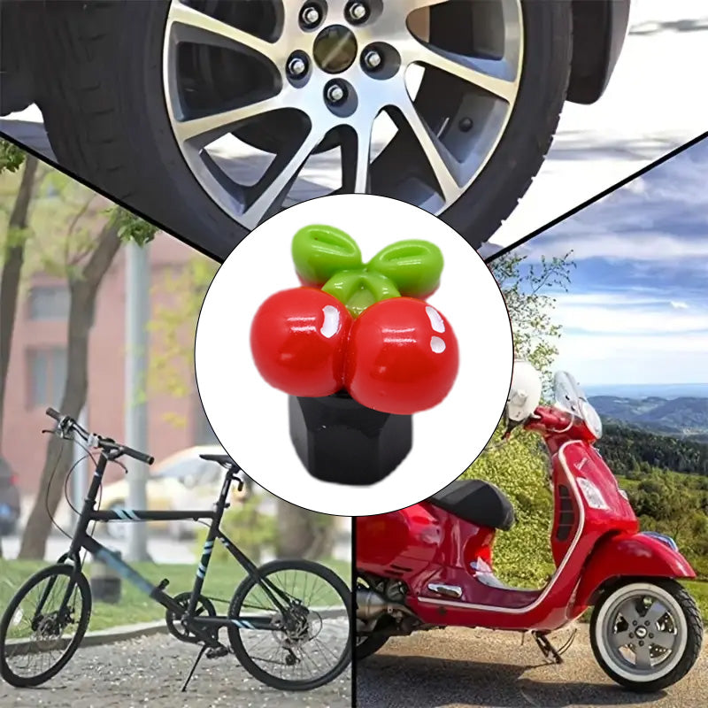 Cherry-shaped valve stem caps shown for multi-vehicle use, including cars, bicycles, and motorcycles, with a cute red fruit design.