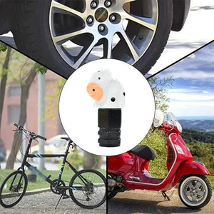 Cute cow valve stem cap shown for use on cars, bicycles, and scooters, highlighting its versatile fit for multiple vehicle types.