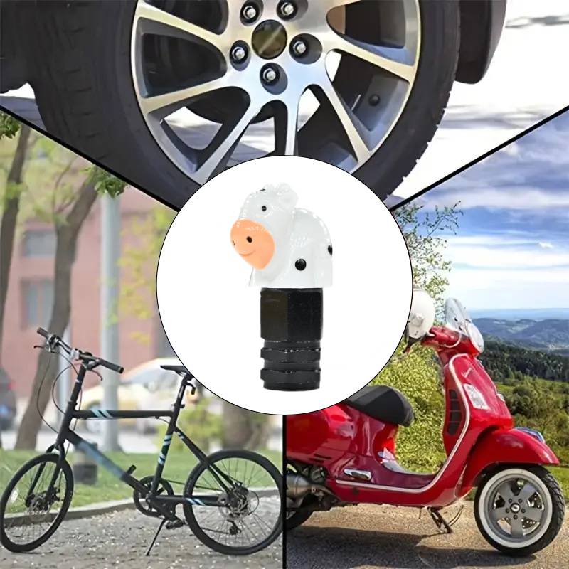 Cute cow valve stem cap shown for use on cars, bicycles, and scooters, highlighting its versatile fit for multiple vehicle types.