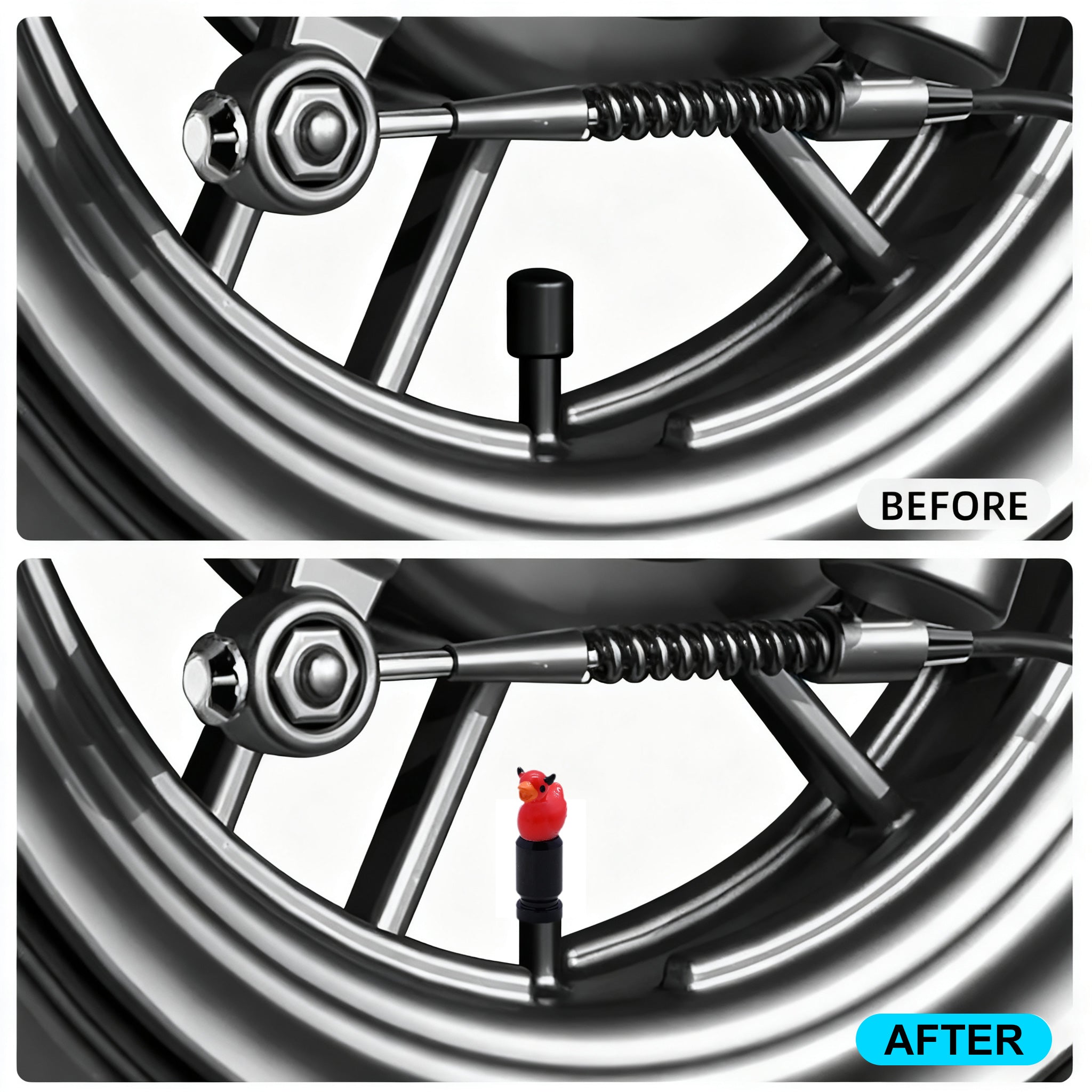 Before and after comparison showing installation of the devil duck valve stem cap on a motorcycle wheel – Xalvoria