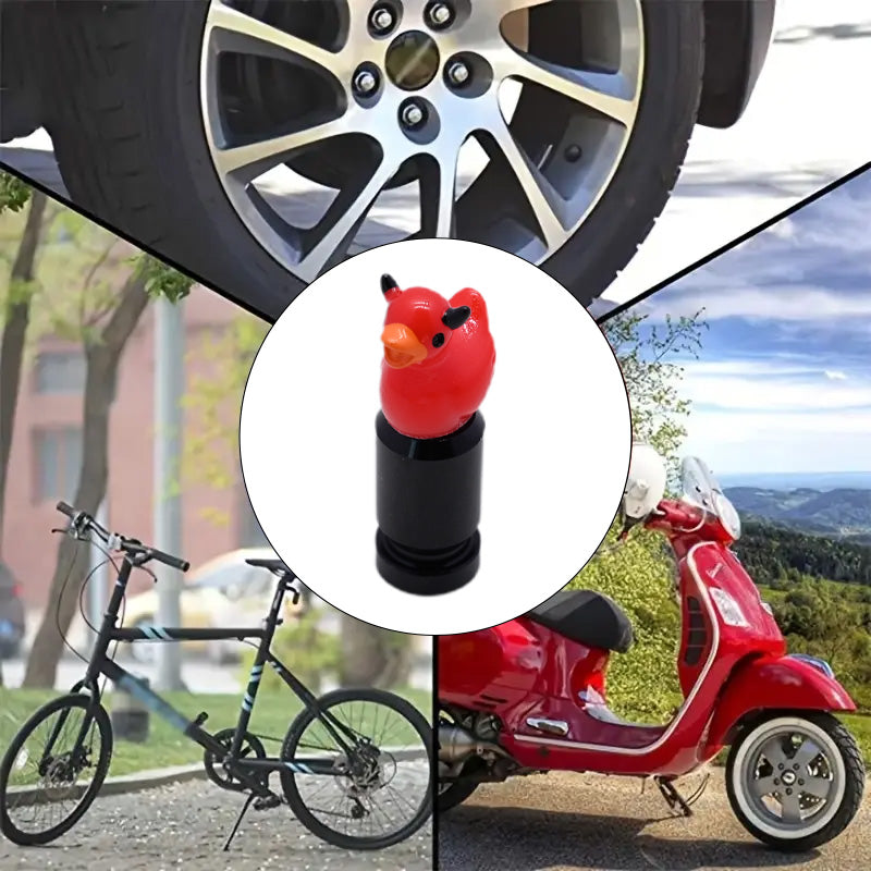 Devil duck valve stem cap shown on cars, bikes and scooters – Xalvoria
