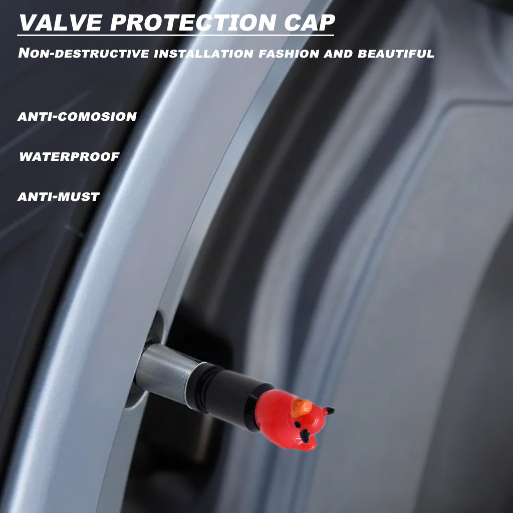 Devil duck valve stem cap installed on a car tire valve showing waterproof and anti-corrosion protection – Xalvoria
