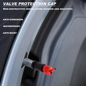 Devil duck valve stem cap installed on a car tire valve showing waterproof and anti-corrosion protection – Xalvoria