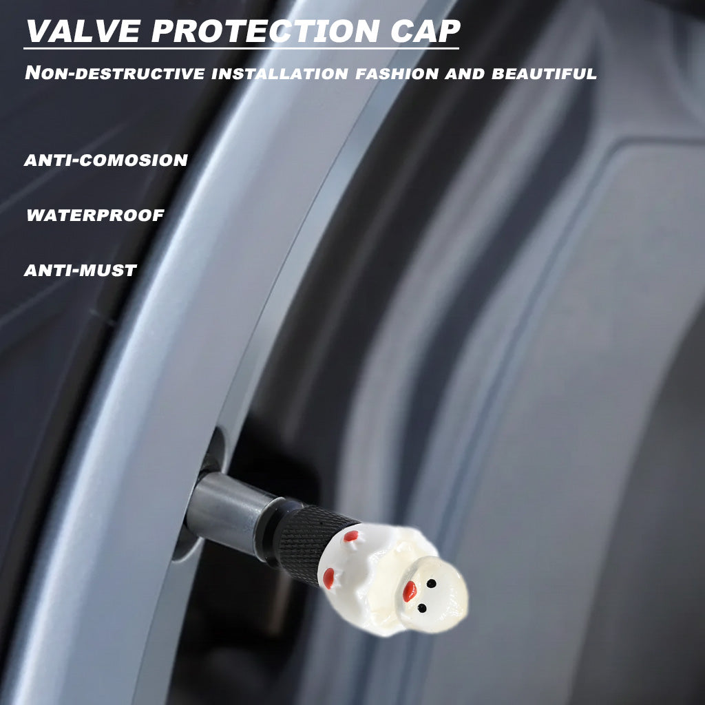 Close-up of the hatching chick valve stem cap installed on a car wheel, showing waterproof and anti-corrosion features.