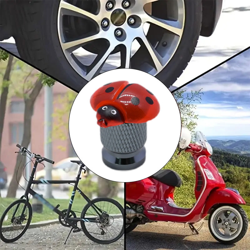 Ladybug valve stem cap shown on cars, bikes and scooters – Xalvoria