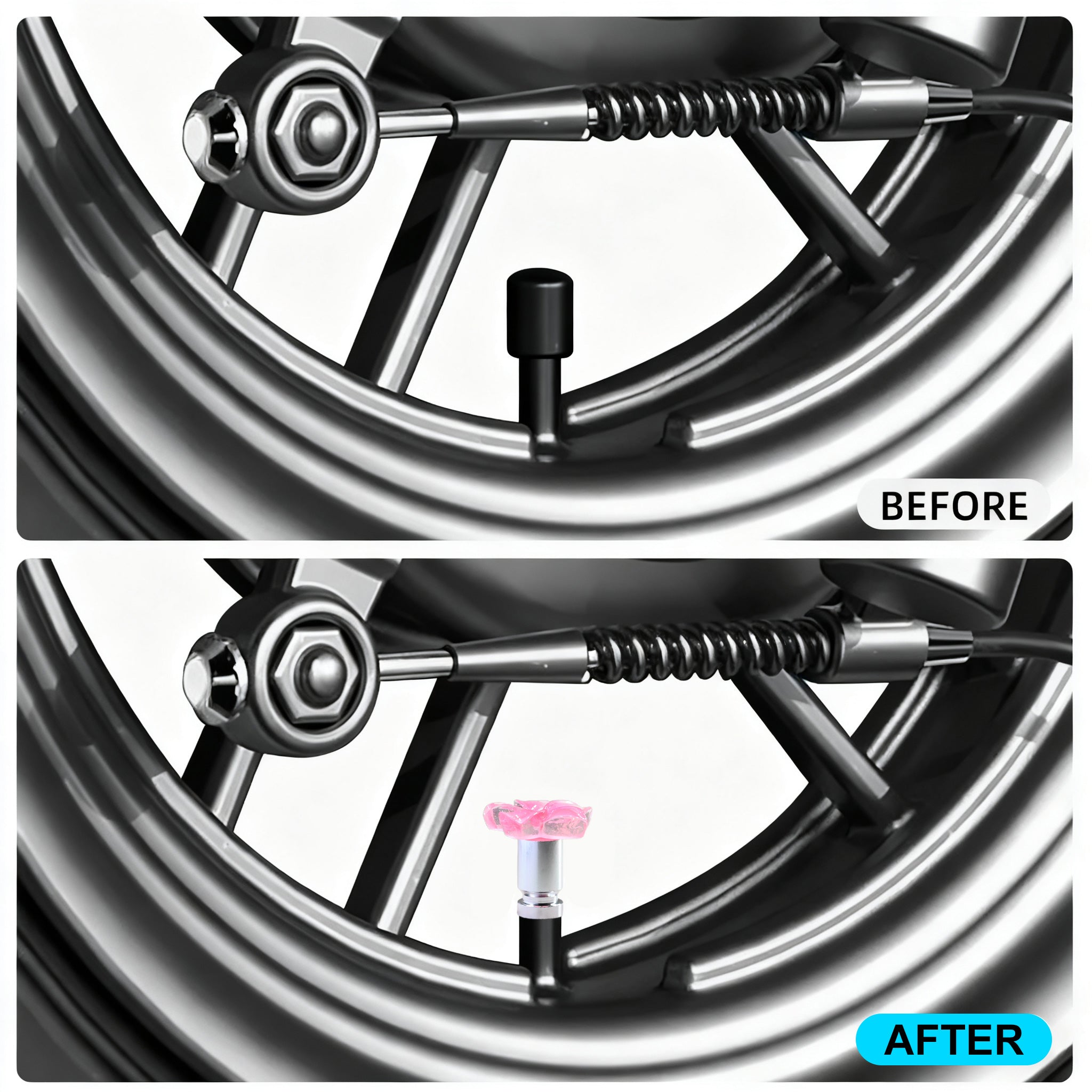 Before and after comparison showing installation of the pink plumeria valve stem cap on a motorcycle wheel – Xalvoria