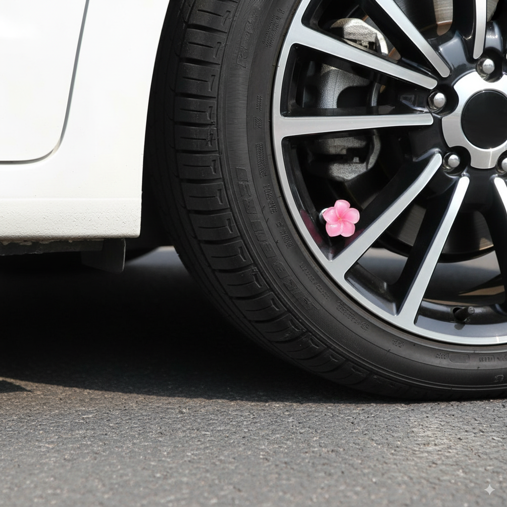 Pink plumeria valve stem cap displayed on a car wheel in an outdoor setting – Xalvoria