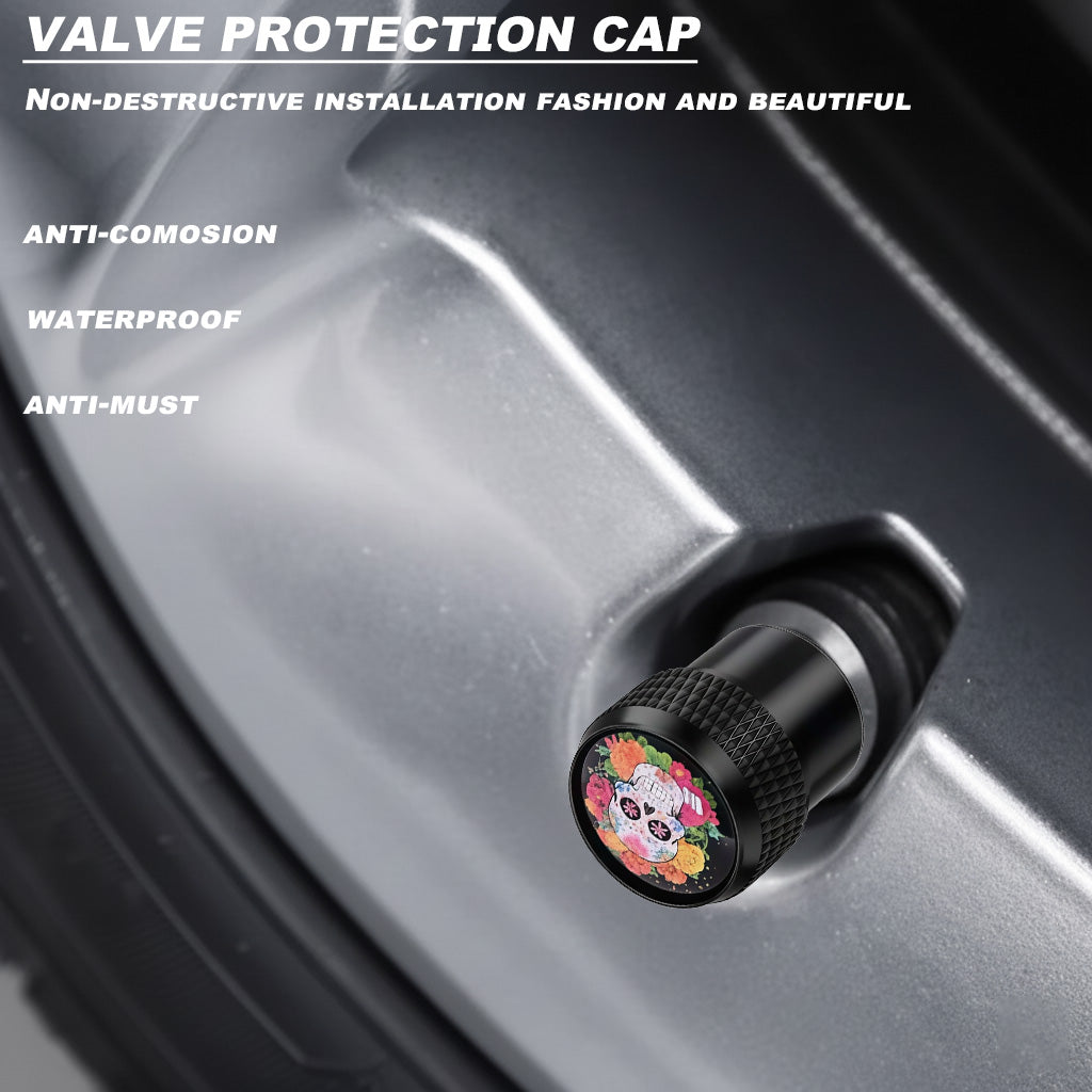 Sugar skull valve stem cap installed on a car wheel, showing waterproof and anti-corrosion protection with durable aluminum design.