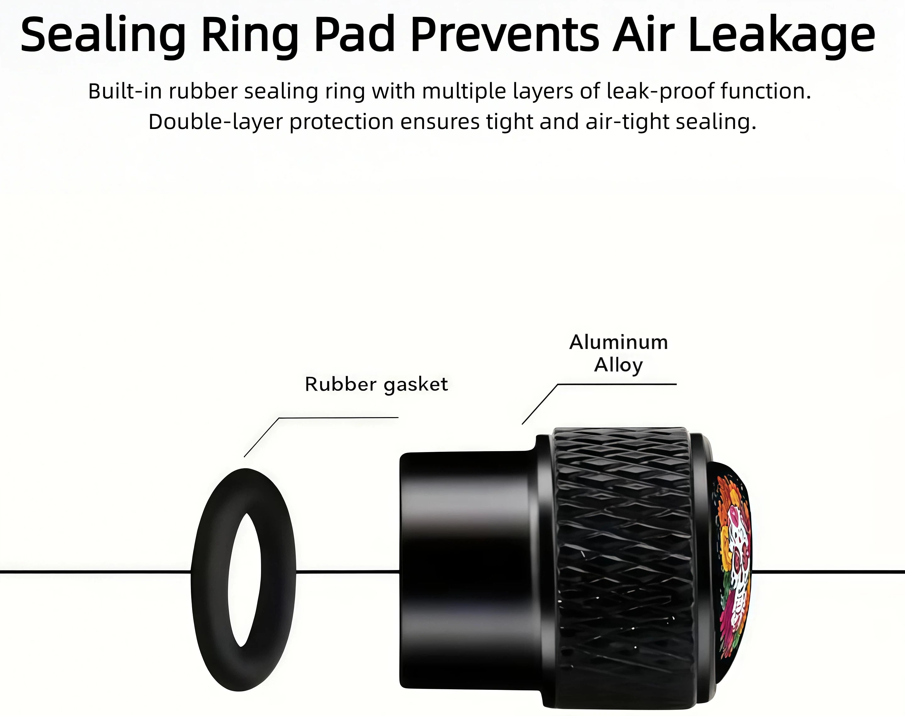 Exploded view of the sugar skull valve stem cap showing the rubber gasket and aluminum alloy body designed for an air-tight seal.