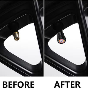 Before and after comparison showing the installation of the sugar skull valve stem cap on a car tire valve for a decorative upgrade.