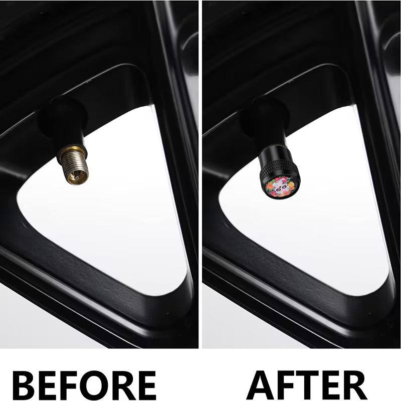 Before and after comparison showing the installation of the sugar skull valve stem cap on a car tire valve for a decorative upgrade.