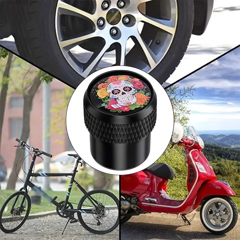 Sugar skull valve stem cap shown on cars, bicycles, and motorcycles, highlighting versatile use across multiple vehicle types.
