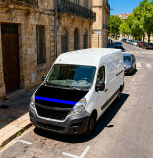 Thin Blue Line car hood cover on a white van parked along city street, emphasizing clean black-and-blue aesthetic.
