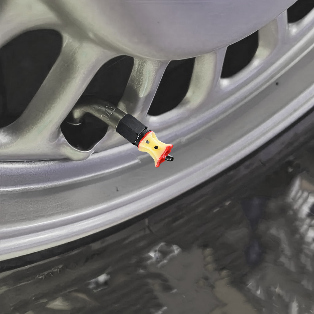 Xalvoria Apple Core valve stem cap installed on angled rim surface in close-up view