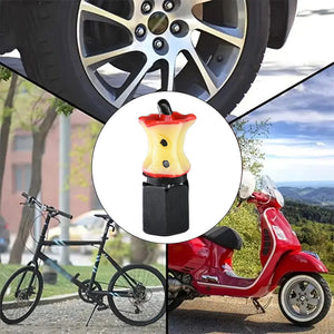Xalvoria Apple Core valve stem cap shown compatible with cars, bicycles, and scooters