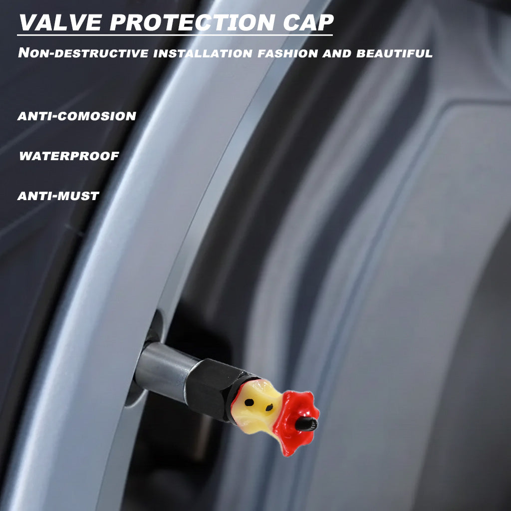Xalvoria Apple Core valve stem cap close-up showing waterproof and anti-corrosion installation