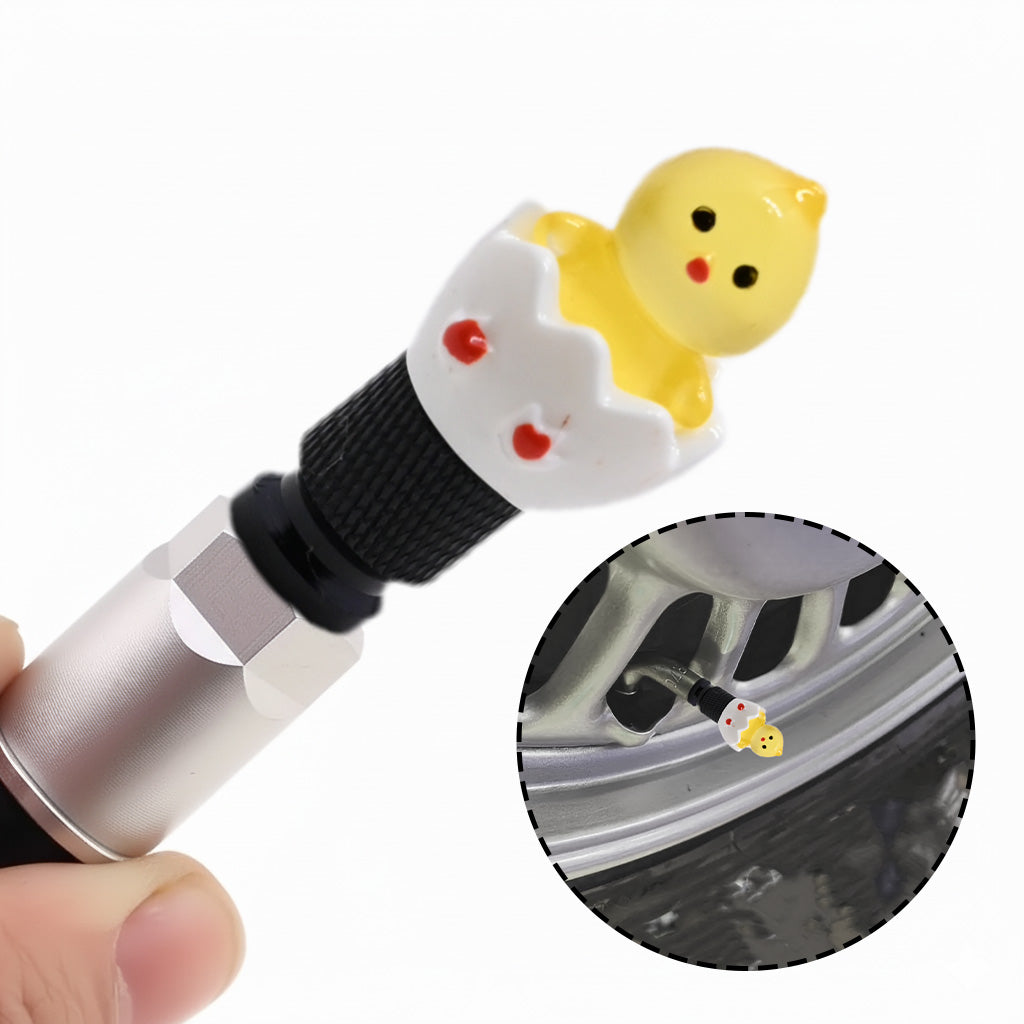 Xalvoria Black Base Yellow Eggshell Chicken valve stem cap close-up detail with hand-held view