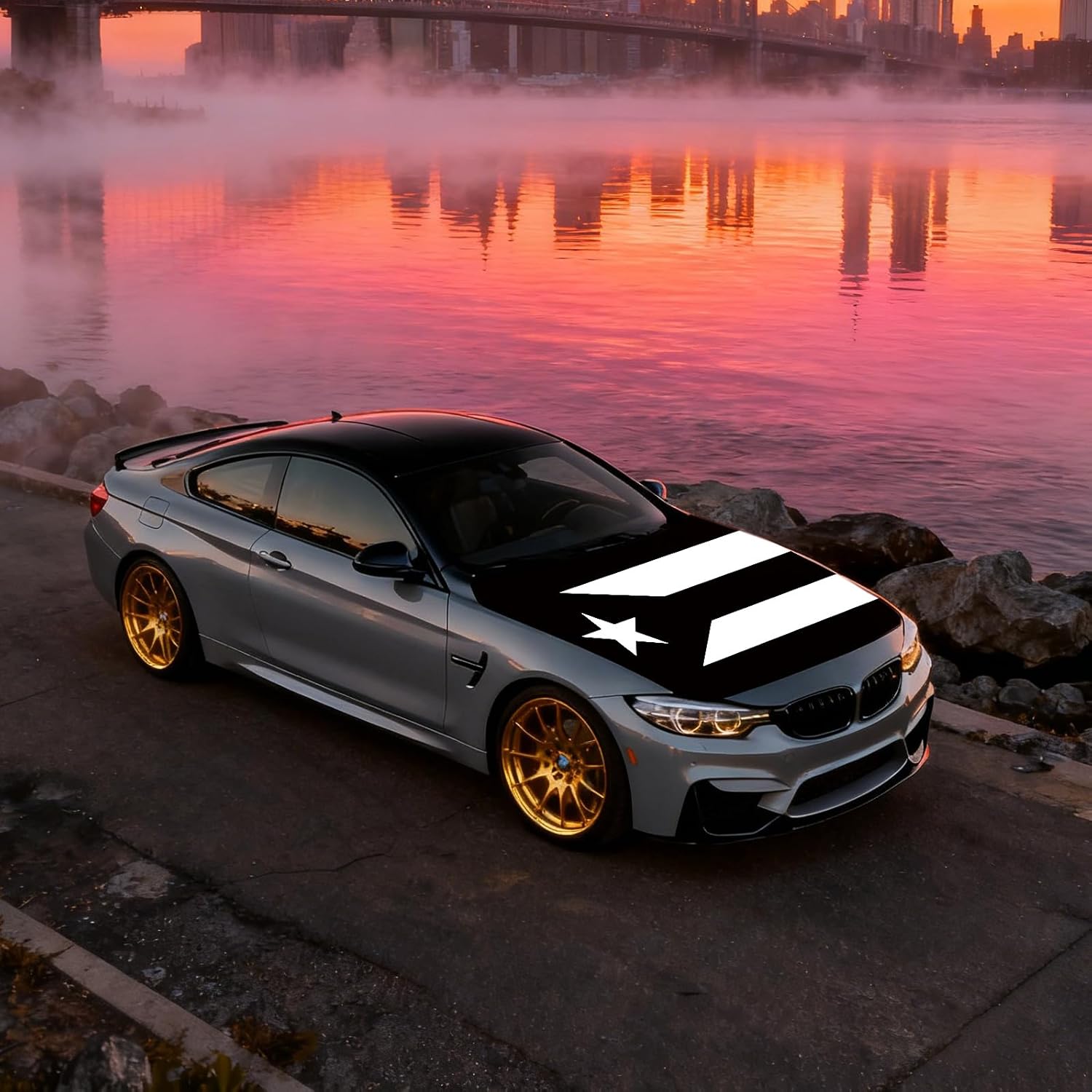 Xalvoria black and white Puerto Rico flag car hood cover displayed on coupe parked by lakeside at sunrise