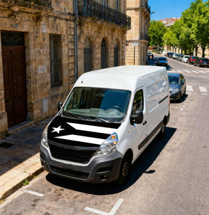 Xalvoria black and white Puerto Rico flag car hood cover on van parked on city street