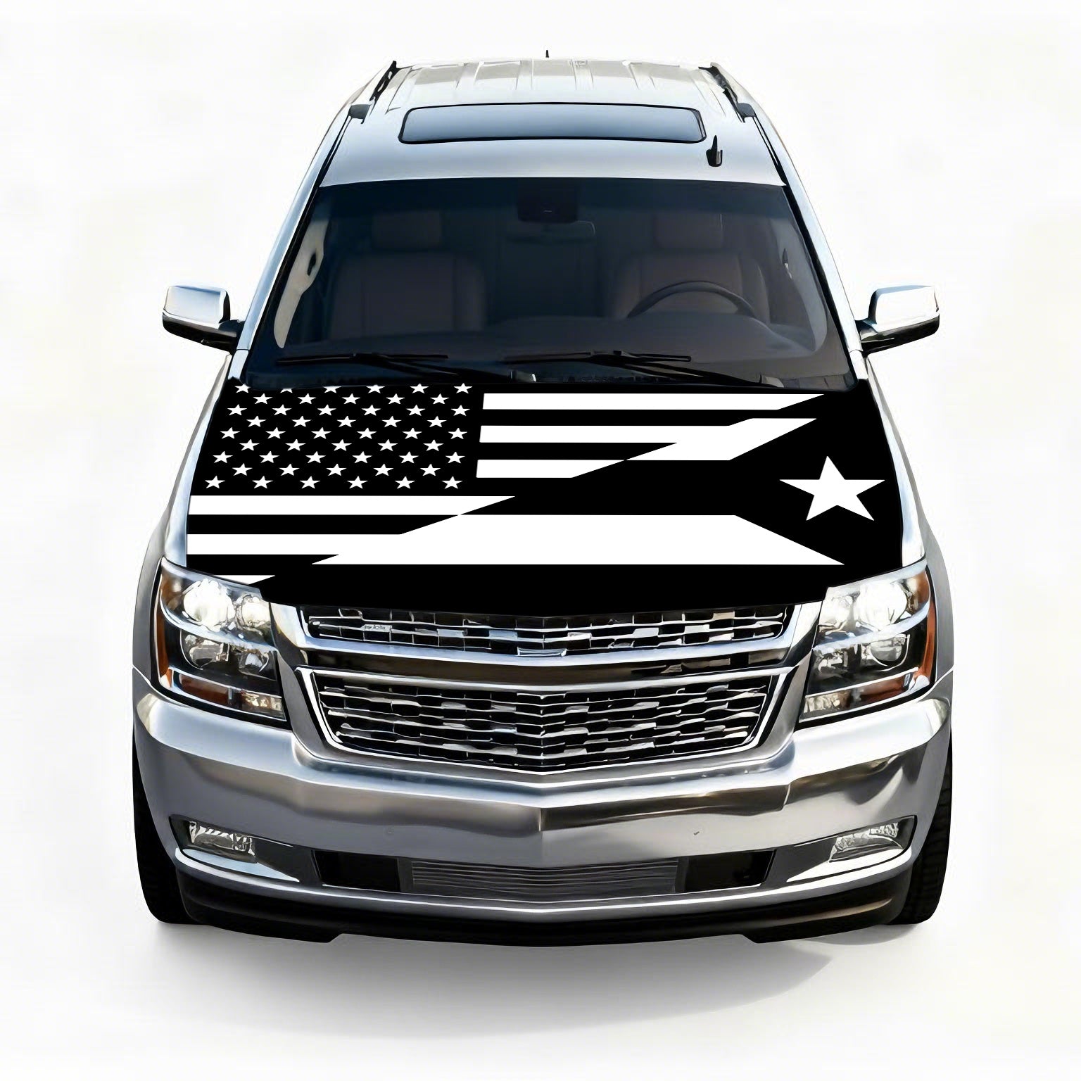 Xalvoria black and white Puerto Rico flag car hood cover displayed on a silver SUV.