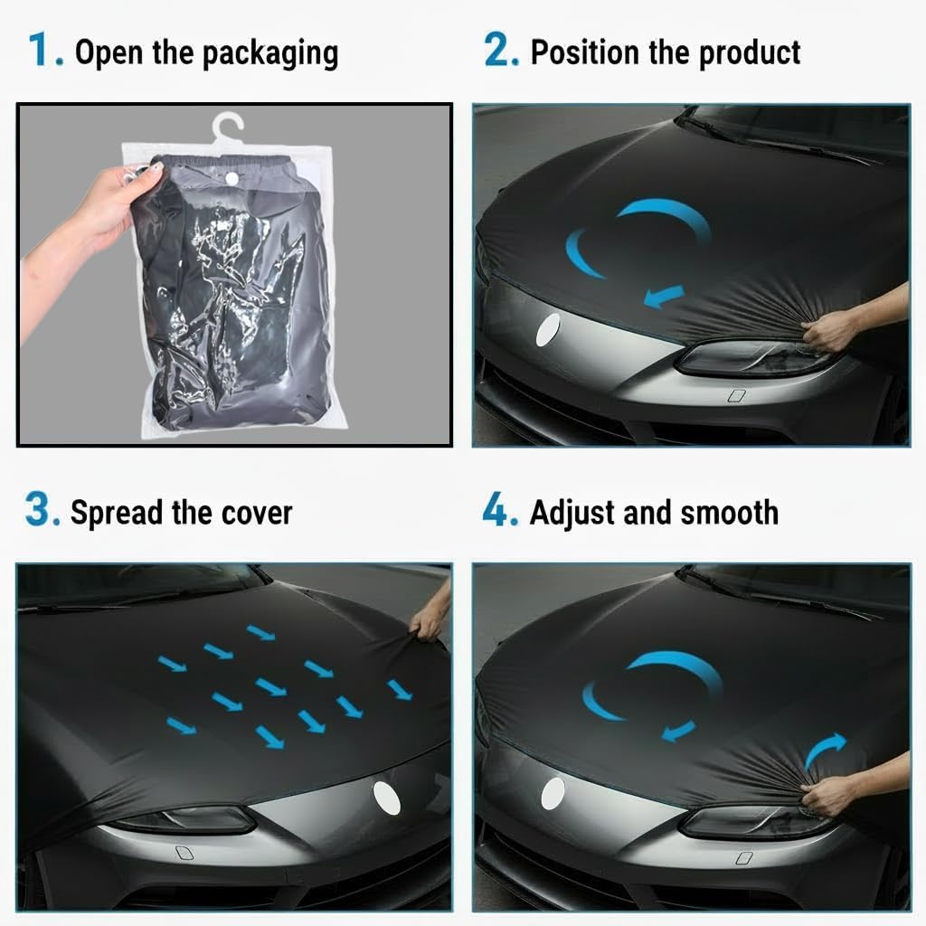 Xalvoria car hood cover installation guide showing packaging opening positioning spreading and smoothing steps