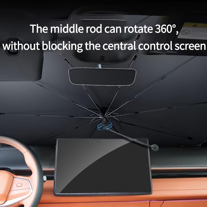 Xalvoria car windshield sunshade showing 360 degree rotating center rod that does not block the central control screen