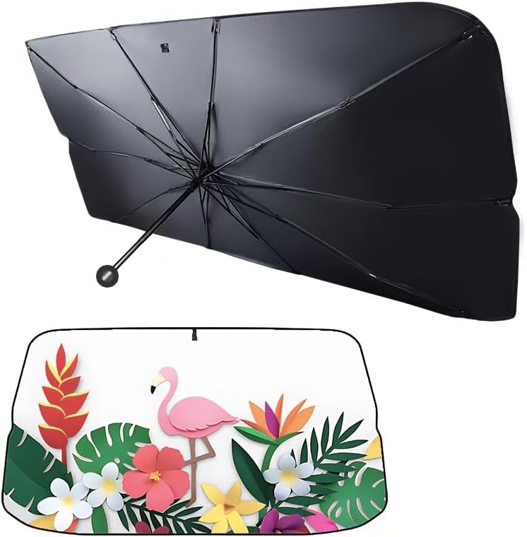 Xalvoria car windshield sunshade showing front printed side and black back structure with umbrella frame