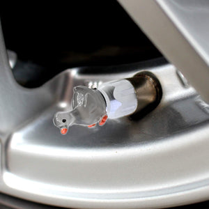 Xalvoria gray goose valve stem cap close-up installed on car wheel