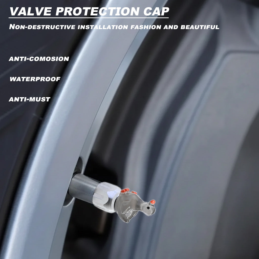 Xalvoria gray goose valve stem cap installed on car wheel, decorative and durable design
