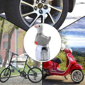 Xalvoria gray goose valve stem cap shown in multi-scene display for cars, bikes, and scooters