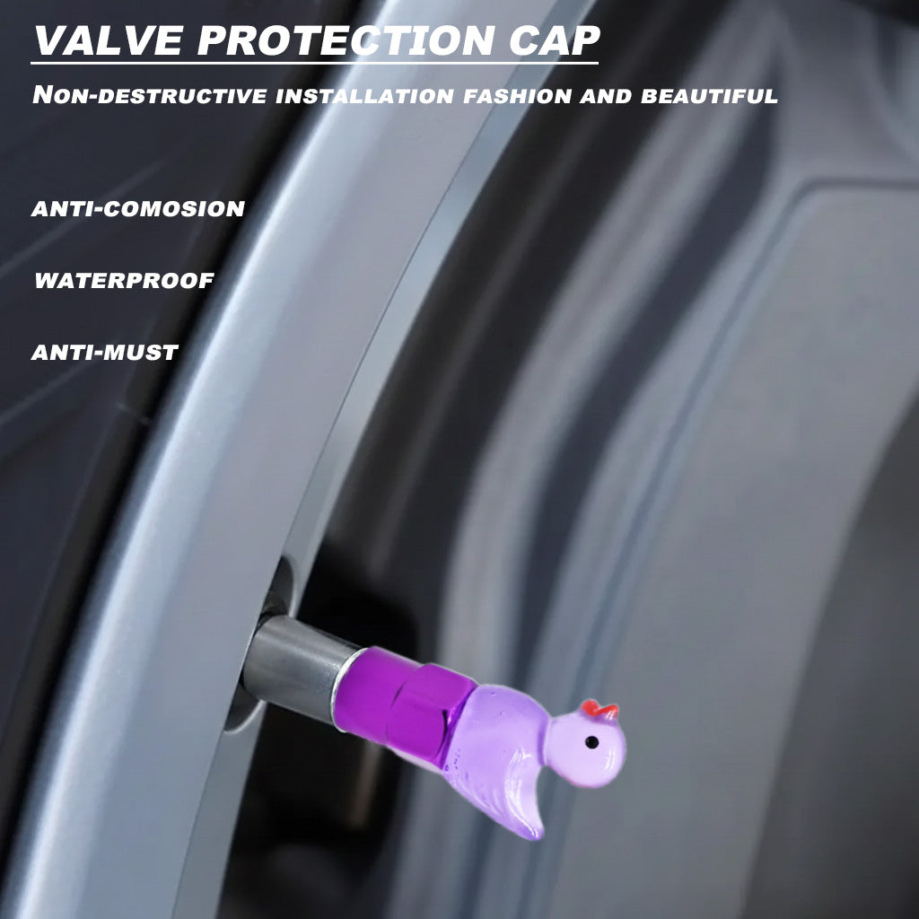 Xalvoria lavender duck valve stem cap shown installed on a vehicle wheel in a close-up scene.