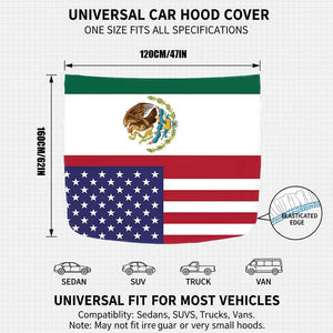 Xalvoria Mexico and USA flag car hood cover size chart showing 47 inch width and 62 inch height with elasticated edge design