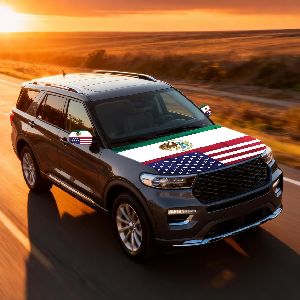 Xalvoria Mexico USA flag car hood cover on an SUV driving along a scenic road, showcasing the bold bi-national design.