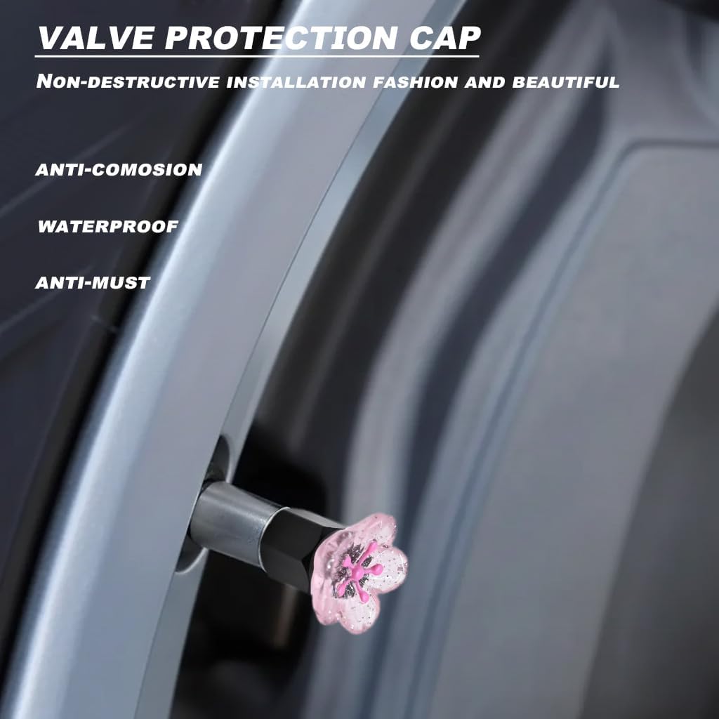 Xalvoria pink cherry blossom valve stem cap shown installed on a wheel valve with waterproof and anti-corrosion features.
