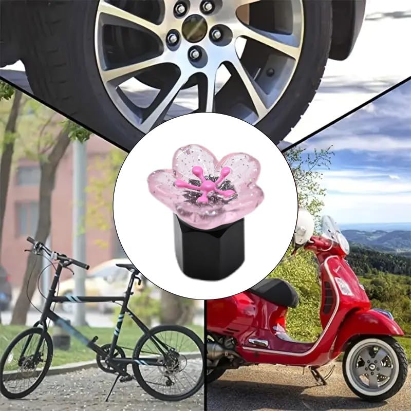 Xalvoria pink cherry blossom valve stem cap shown in multiple usage scenarios on cars, bicycles, and scooters.