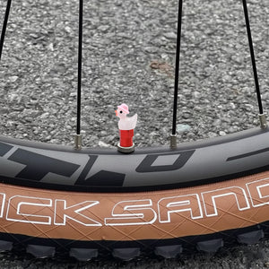 Xalvoria Pink Hat Duck valve stem cap installed on bicycle wheel valve stem