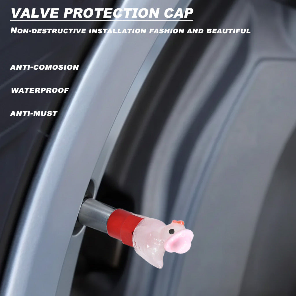 Xalvoria Pink Hat Duck valve stem cap shown on wheel for protection demonstration
