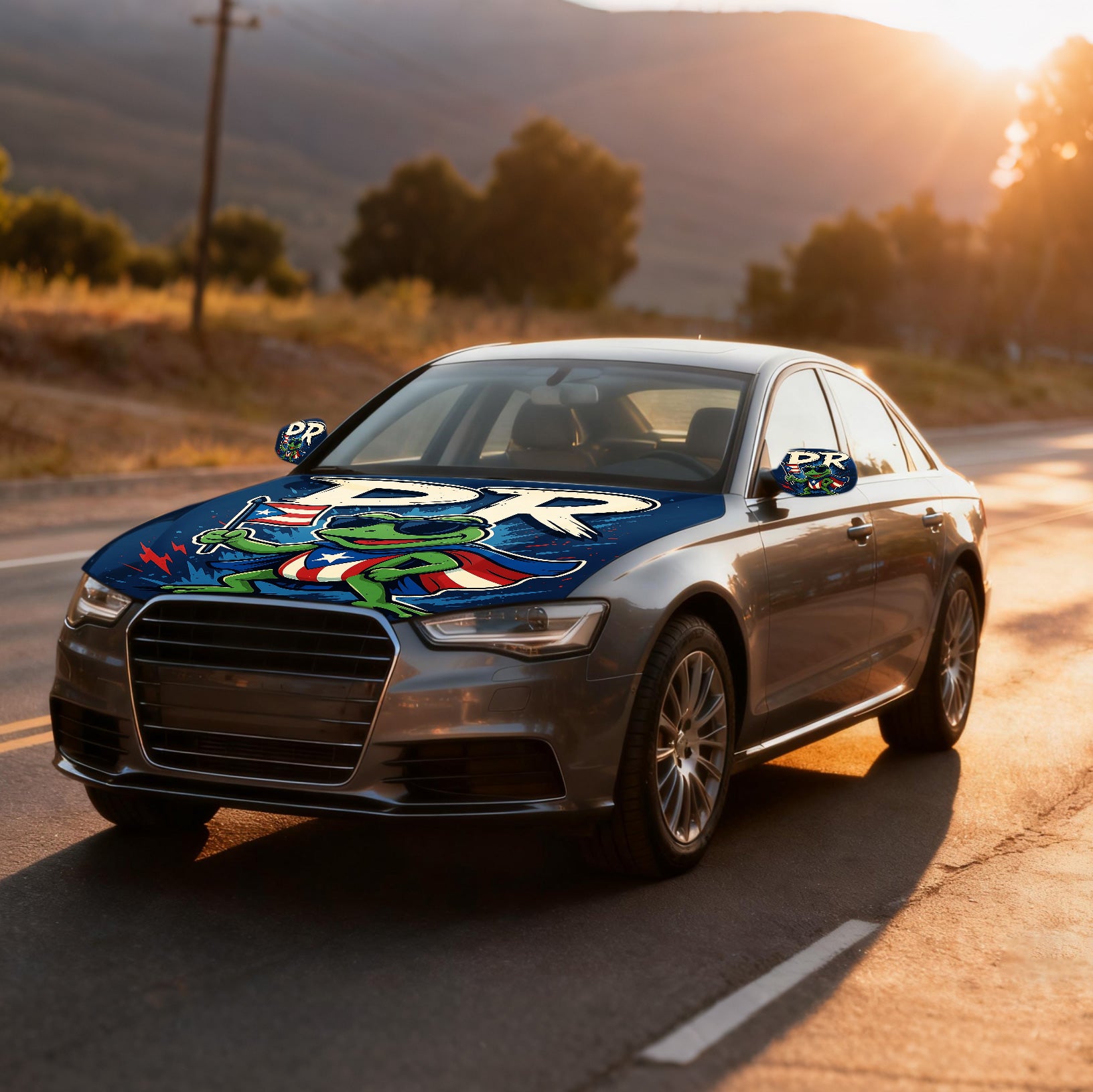 Xalvoria PR frog superhero car hood cover displayed on a sedan during sunset on an open road