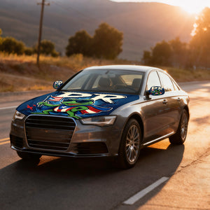 Xalvoria PR frog superhero car hood cover displayed on a sedan during sunset on an open road