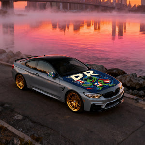 Xalvoria PR frog superhero hood cover presented on a sports car parked beside the seaside during sunset