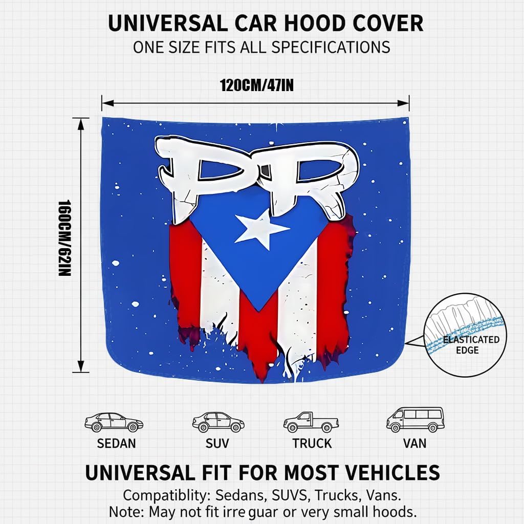 Xalvoria PR starry design Puerto Rico flag car hood cover size chart showing 47 x 62 inch universal fit for sedans, SUVs, trucks, and vans.