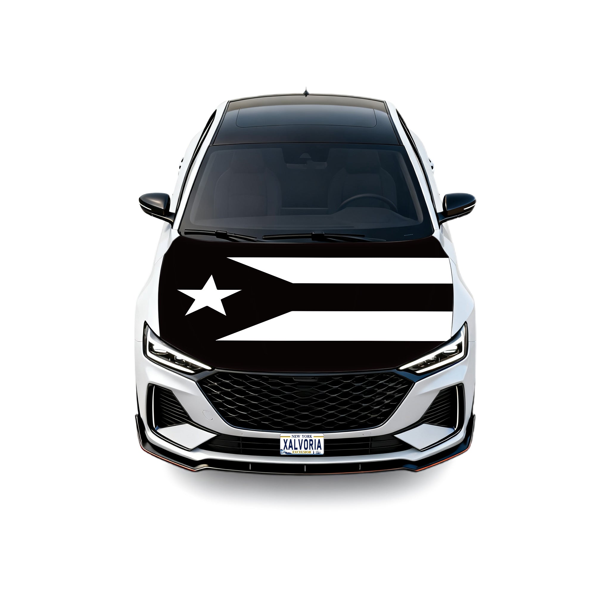 Xalvoria Puerto Rico black and white flag car hood cover displayed on vehicle front view