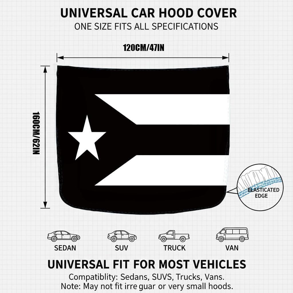 Xalvoria Puerto Rico black and white flag car hood cover size chart showing 47 inch width and 62 inch height