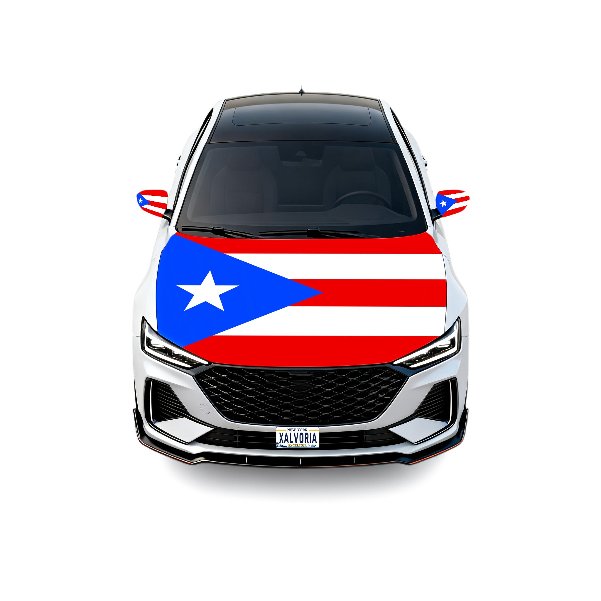 Xalvoria Puerto Rico flag car hood cover front view showing full red white blue flag design on vehicle hood and mirrors.
