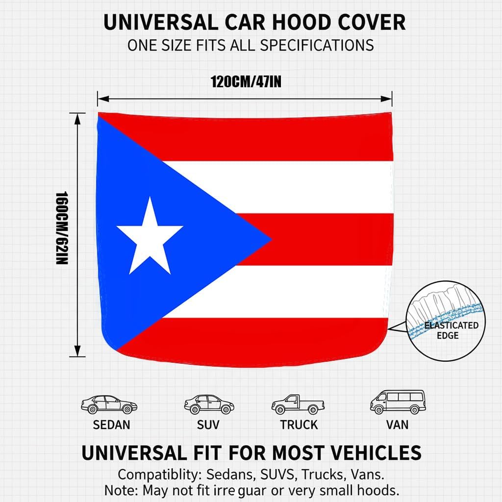 Xalvoria Puerto Rico flag car hood cover size chart showing 47 inch width and 62 inch height with elasticated edge and universal vehicle icons.