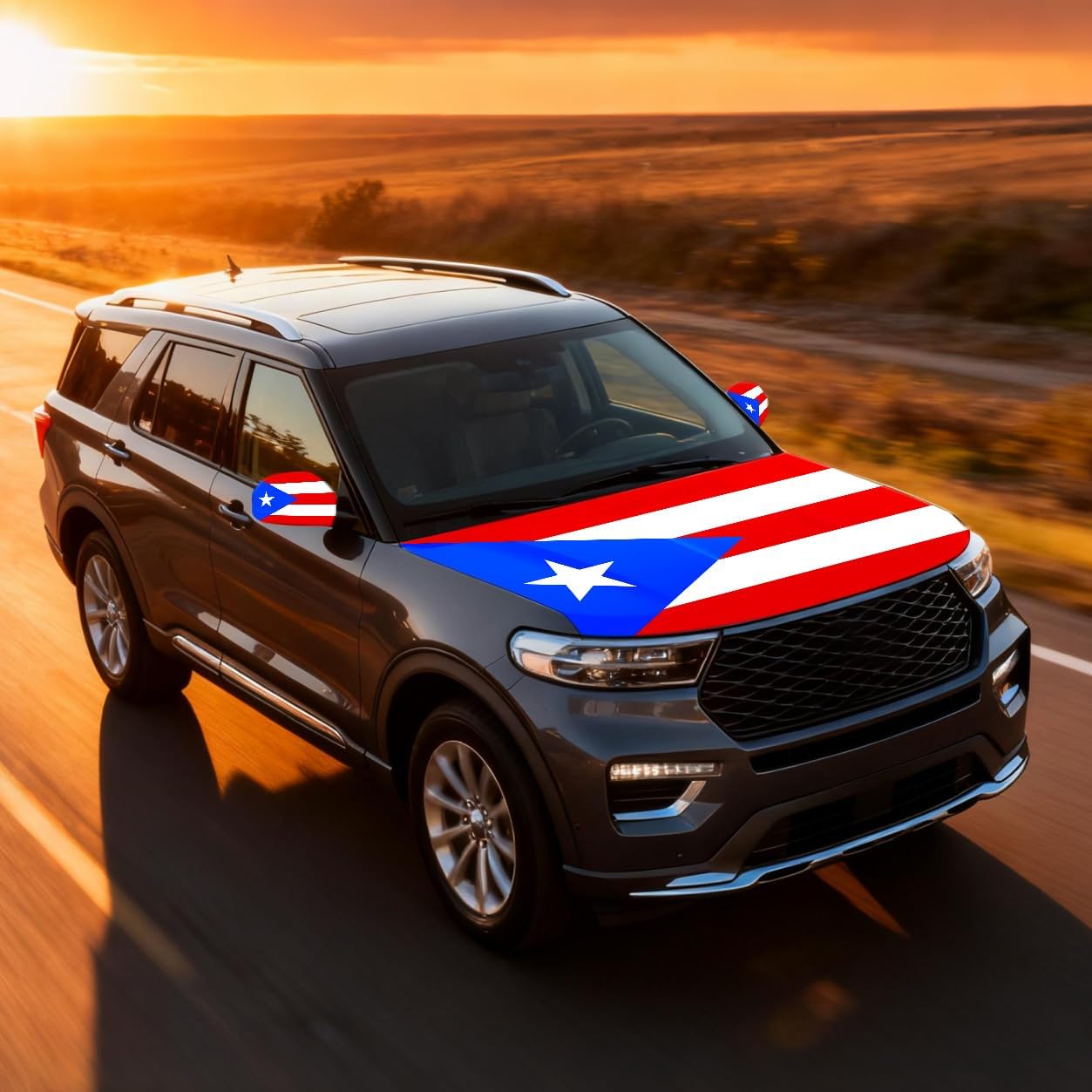 Xalvoria Puerto Rico flag car hood cover installed on an SUV driving on the highway with red white and blue hood and mirror covers.
