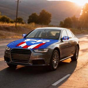 Xalvoria Puerto Rico PR flag car hood cover installed on sedan, showcasing full hood protection with vivid PR flag colors.