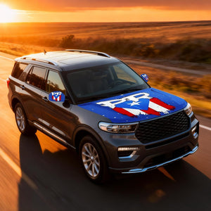 Xalvoria Puerto Rico PR flag car hood cover showing full hood display on SUV with vibrant red white blue flag design.